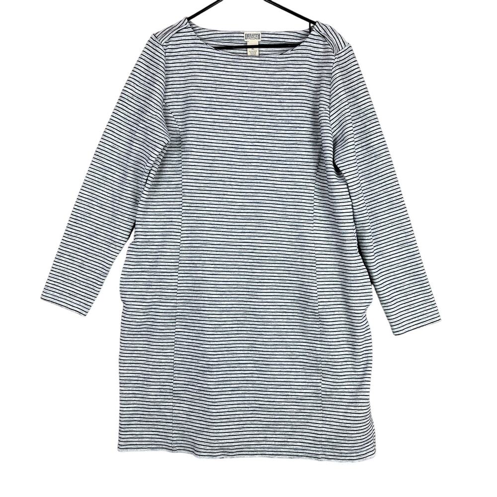 Duluth Trading Womens Ponte Dress Gray Black Stripe Boat Neck Pockets Stretch XL